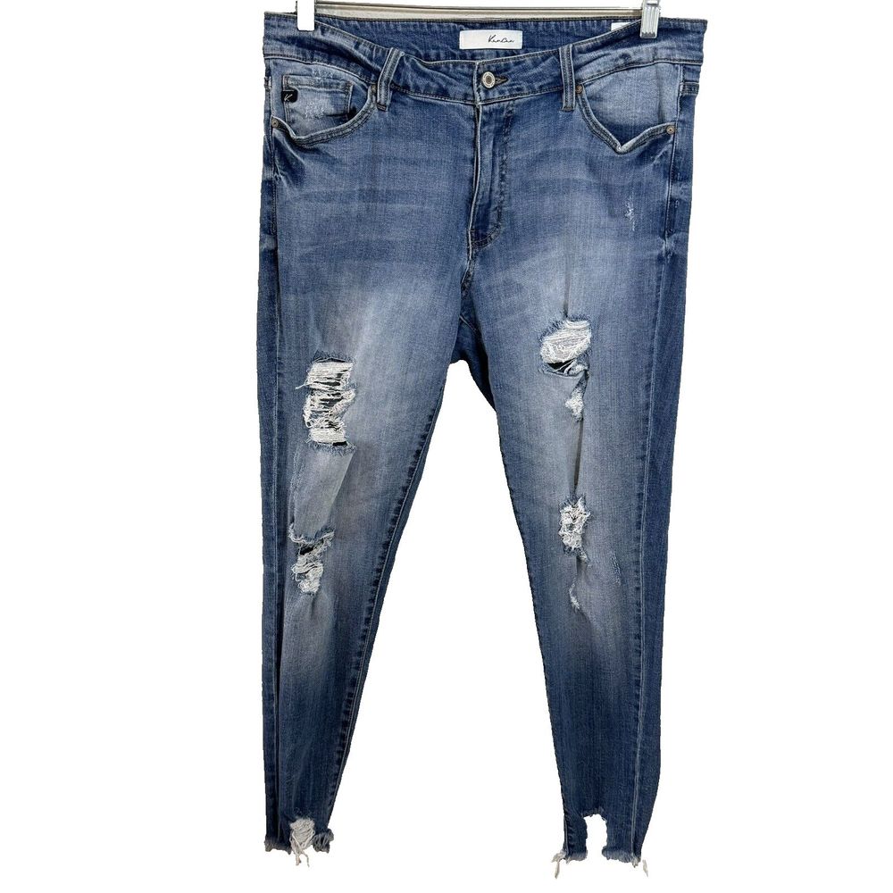 Kancan Distressed High Rise Jeans Size XL Medium Wash Raw Hem